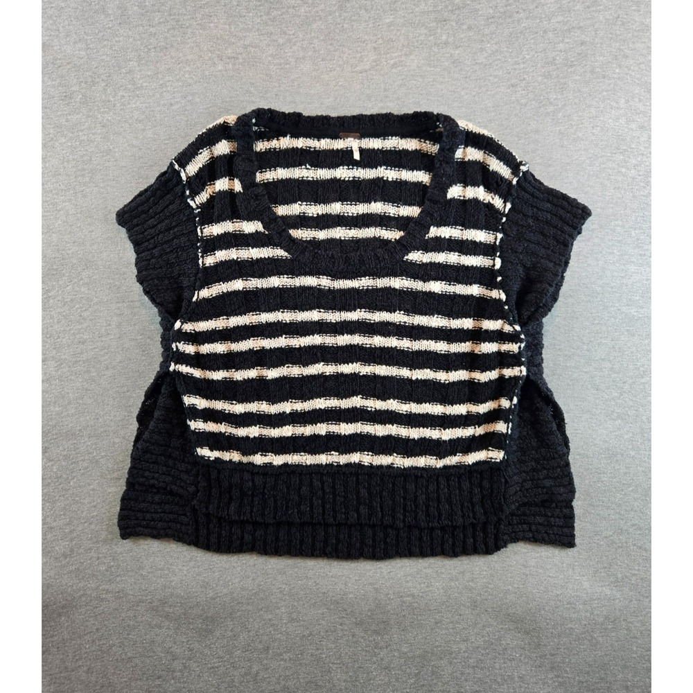 FREE PEOPLE Sweater XS Black & White Striped Wide‎ Rib Open Knit Short Sleeve